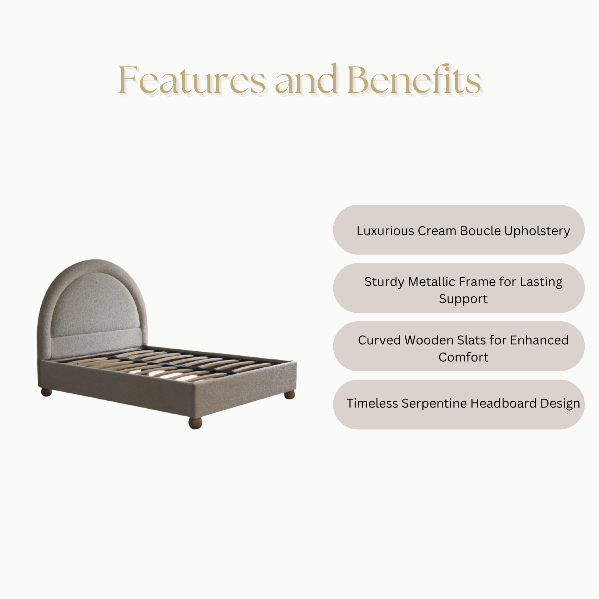 Cream Boucle Double Bed – a stylish, cozy, and durable bed featuring a serpentine headboard, soft boucle fabric, and a sturdy metal frame. Perfect for restful sleep.