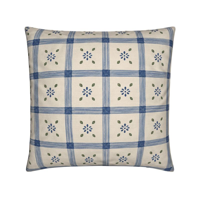 Blue Folk Check Linen Cushion Cover