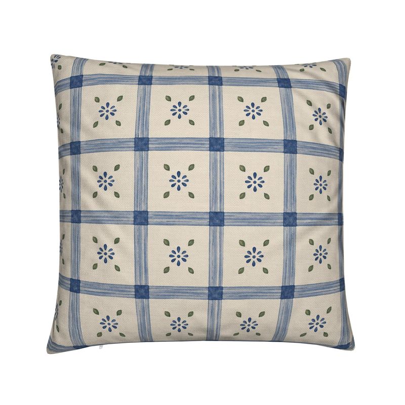 Blue Folk Check Linen Cushion Cover