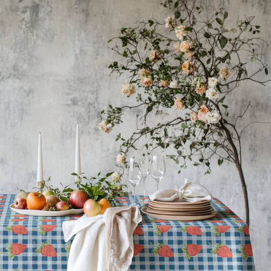 Strawberry blue check Cotton linen table cloth