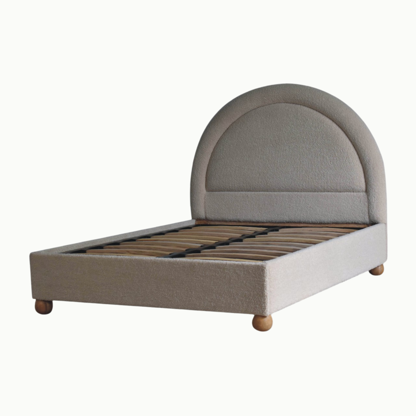 Cream Boucle Double Bed – a stylish, cozy, and durable bed featuring a serpentine headboard, soft boucle fabric, and a sturdy metal frame. Perfect for restful sleep.