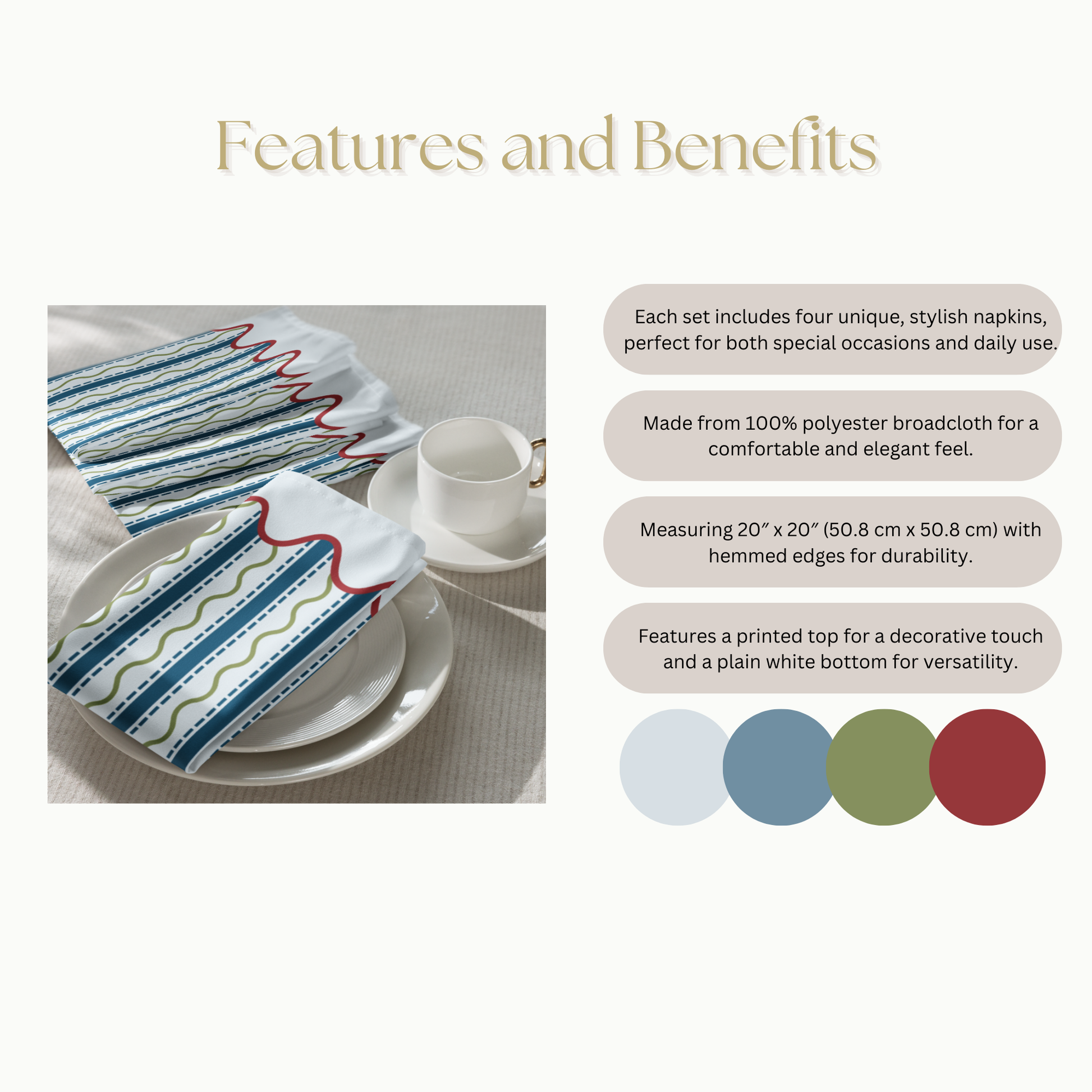 Blue and Green Wavy Stripe Polyester Napkins, Set of 4