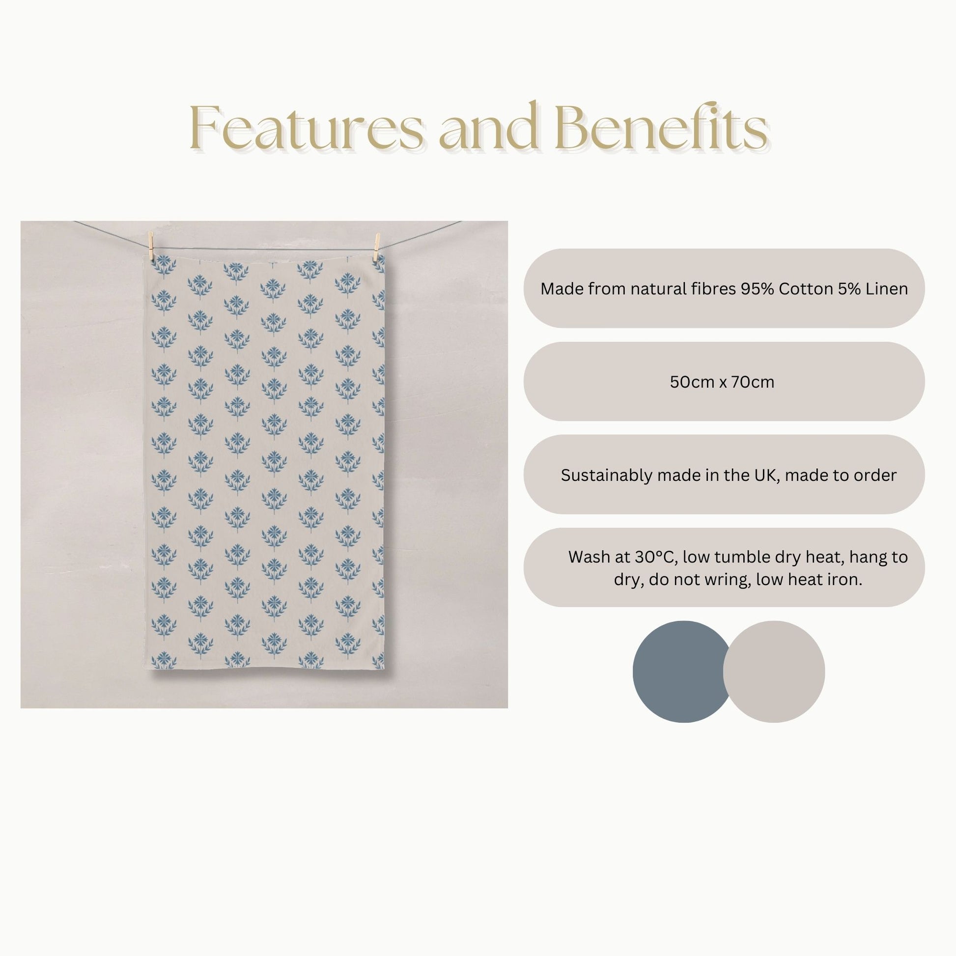 Floral Blue Block Print Tea Towel