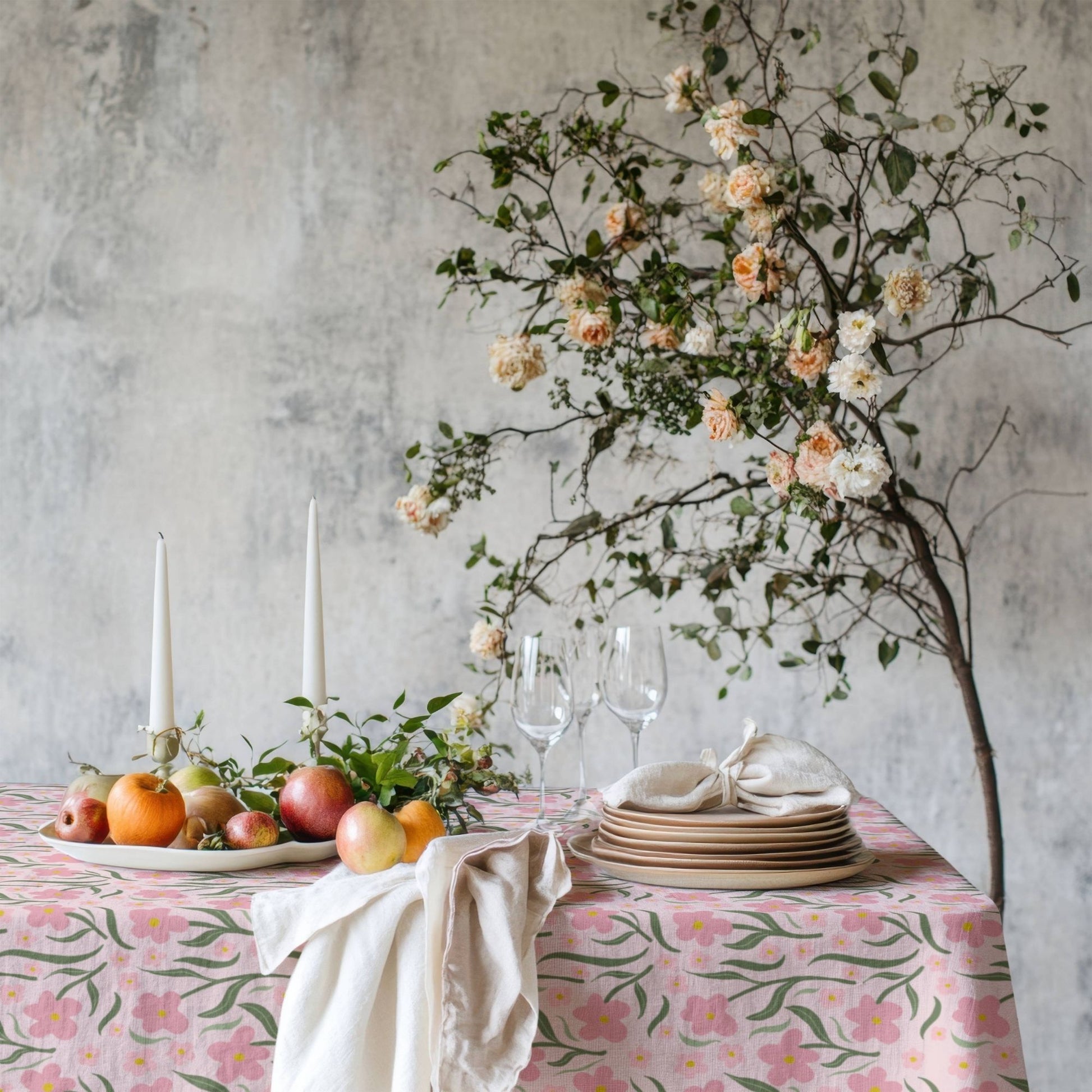 Pink and Green Floral Cotton Linen Tablecloth