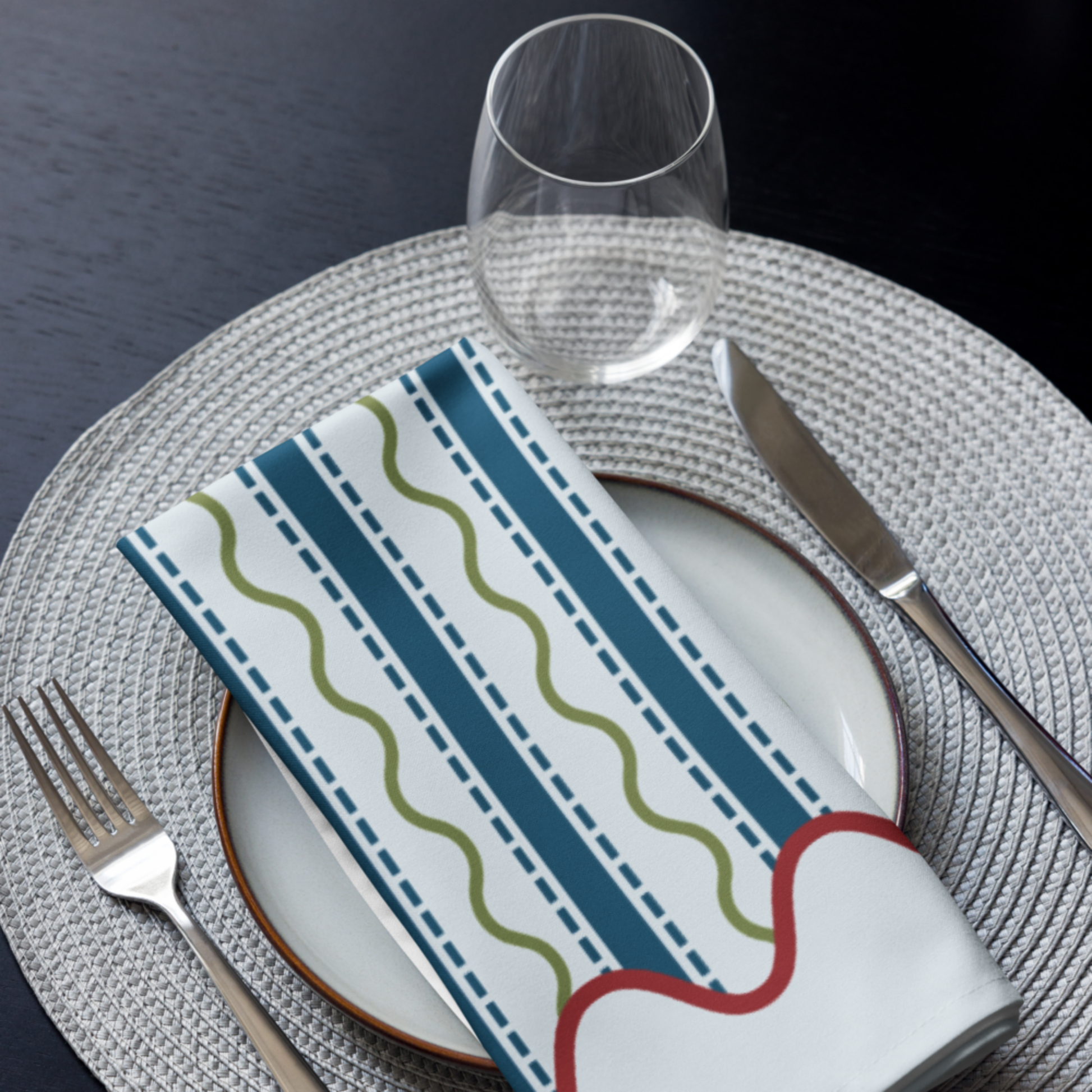 Blue and Green Wavy Stripe Polyester Napkins, Set of 4