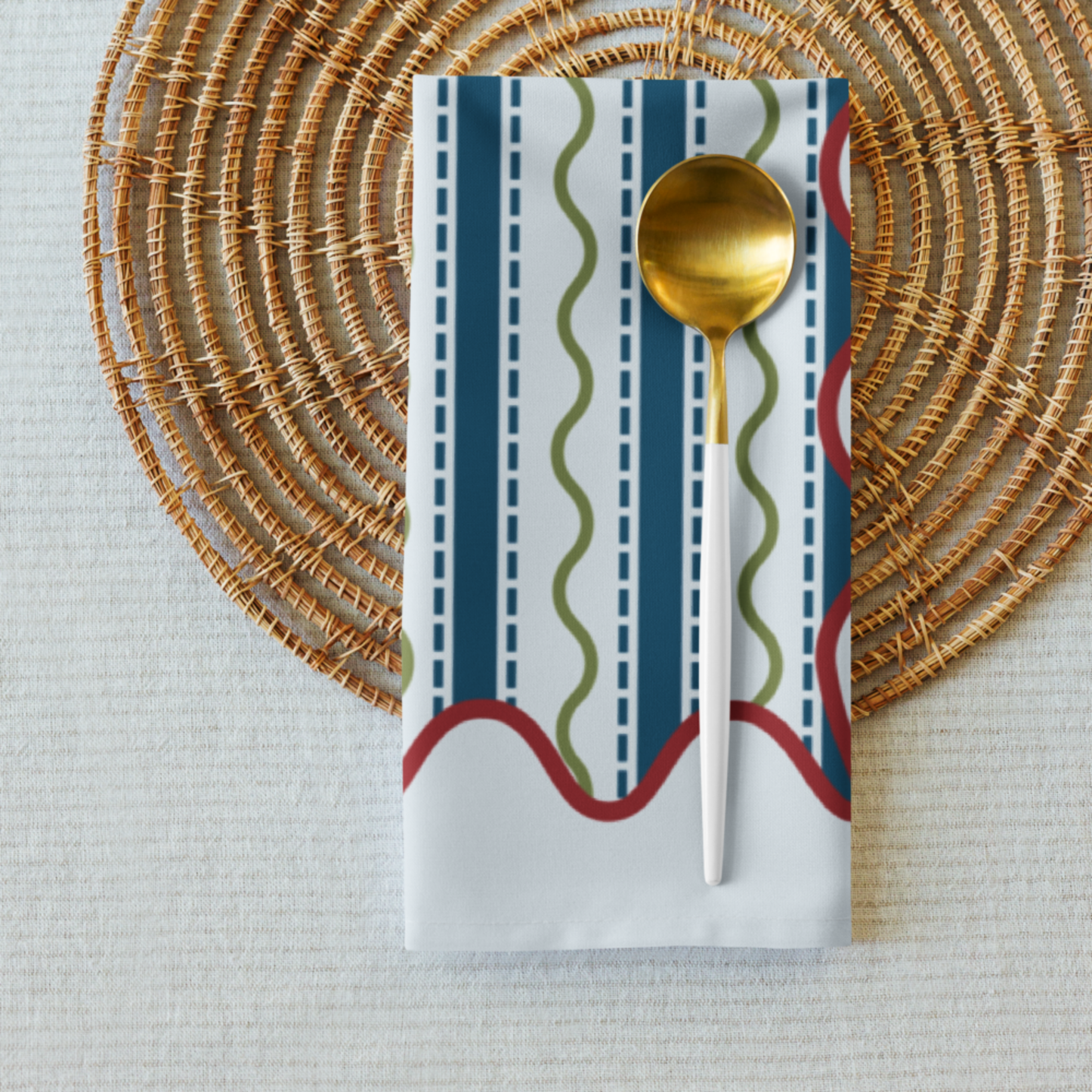Blue and Green Wavy Stripe Polyester Napkins, Set of 4