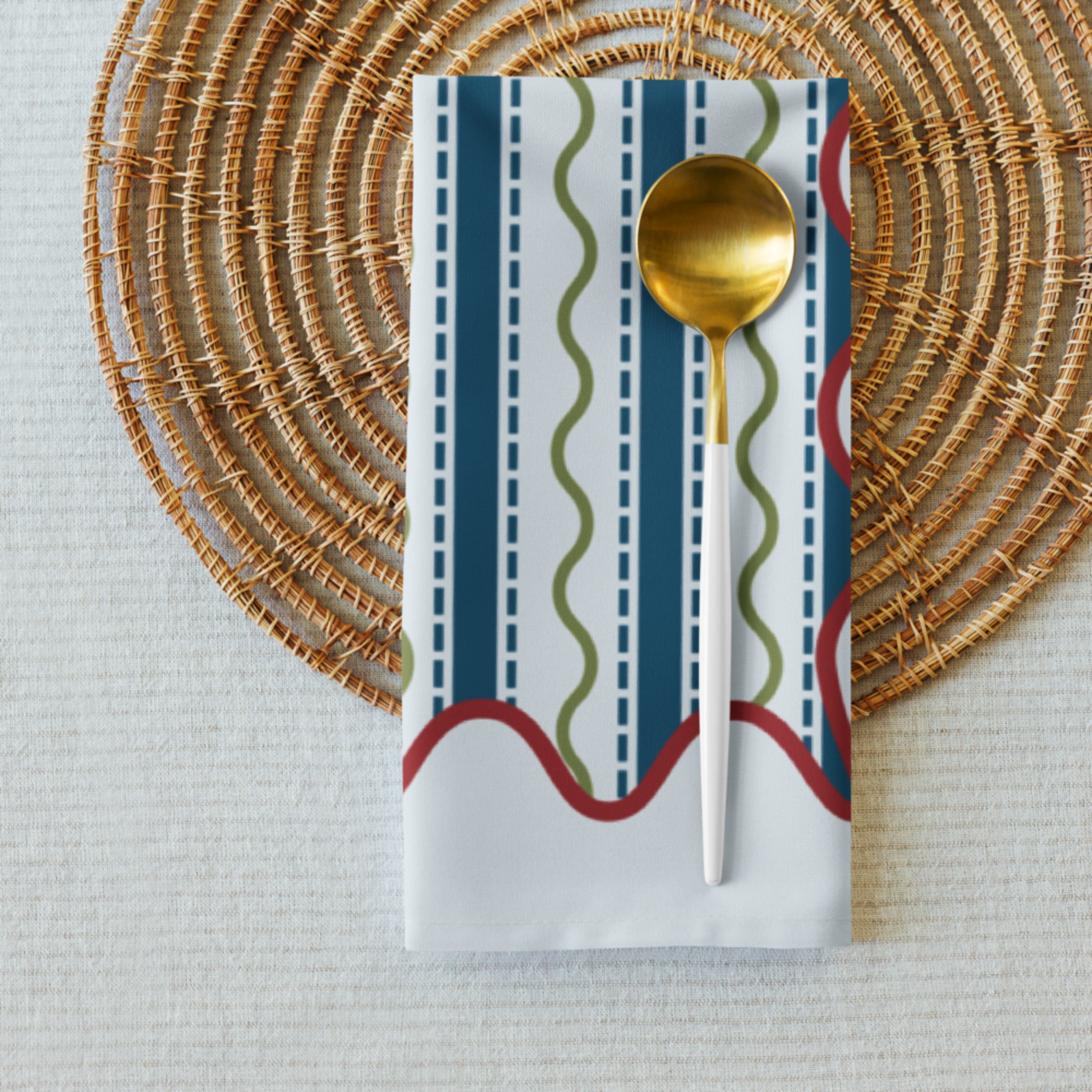 Blue and Green Wavy Stripe Polyester Napkins, Set of 4