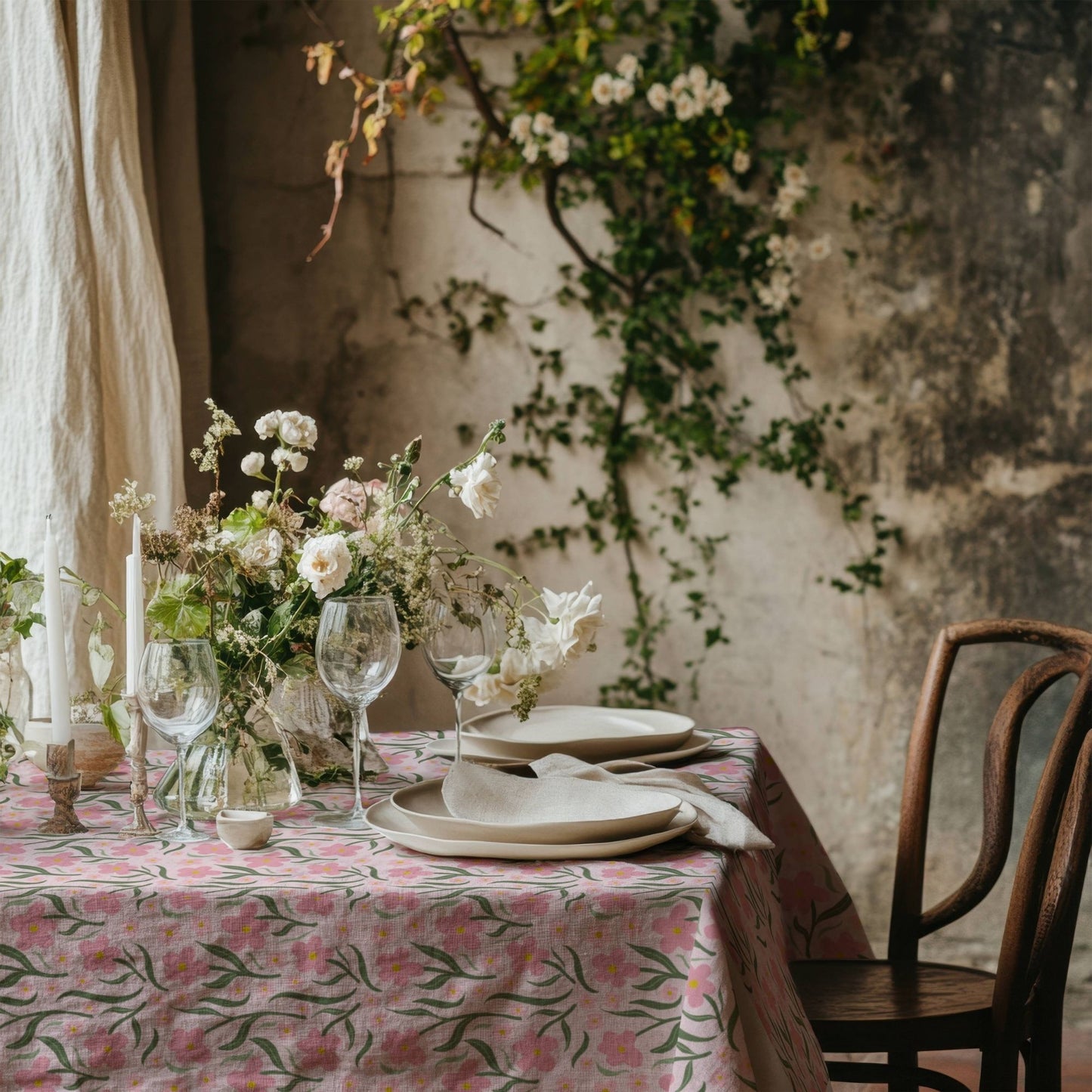 Pink and Green Floral Cotton Linen Tablecloth
