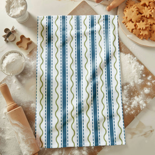 Blue and Green Stripe Wavy Tea Towel