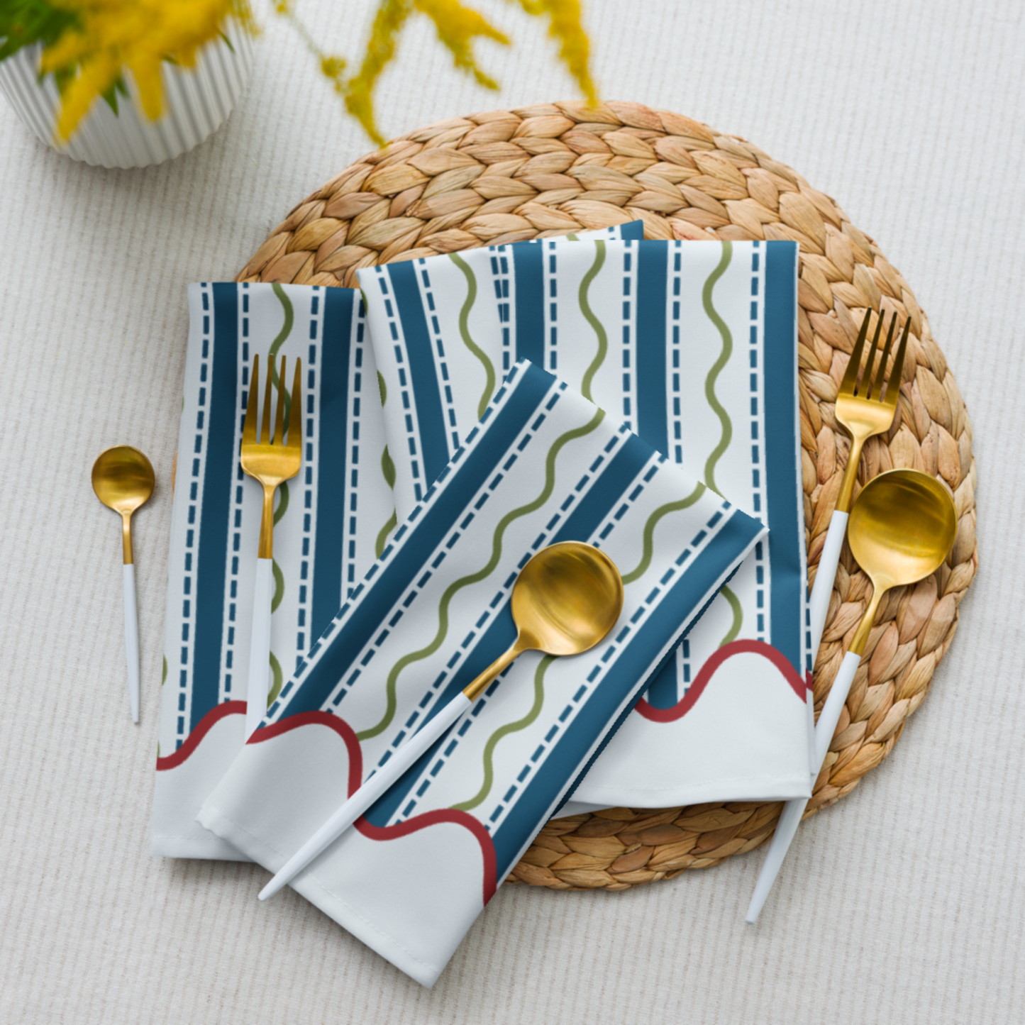 Blue and Green Wavy Stripe Polyester Napkins, Set of 4