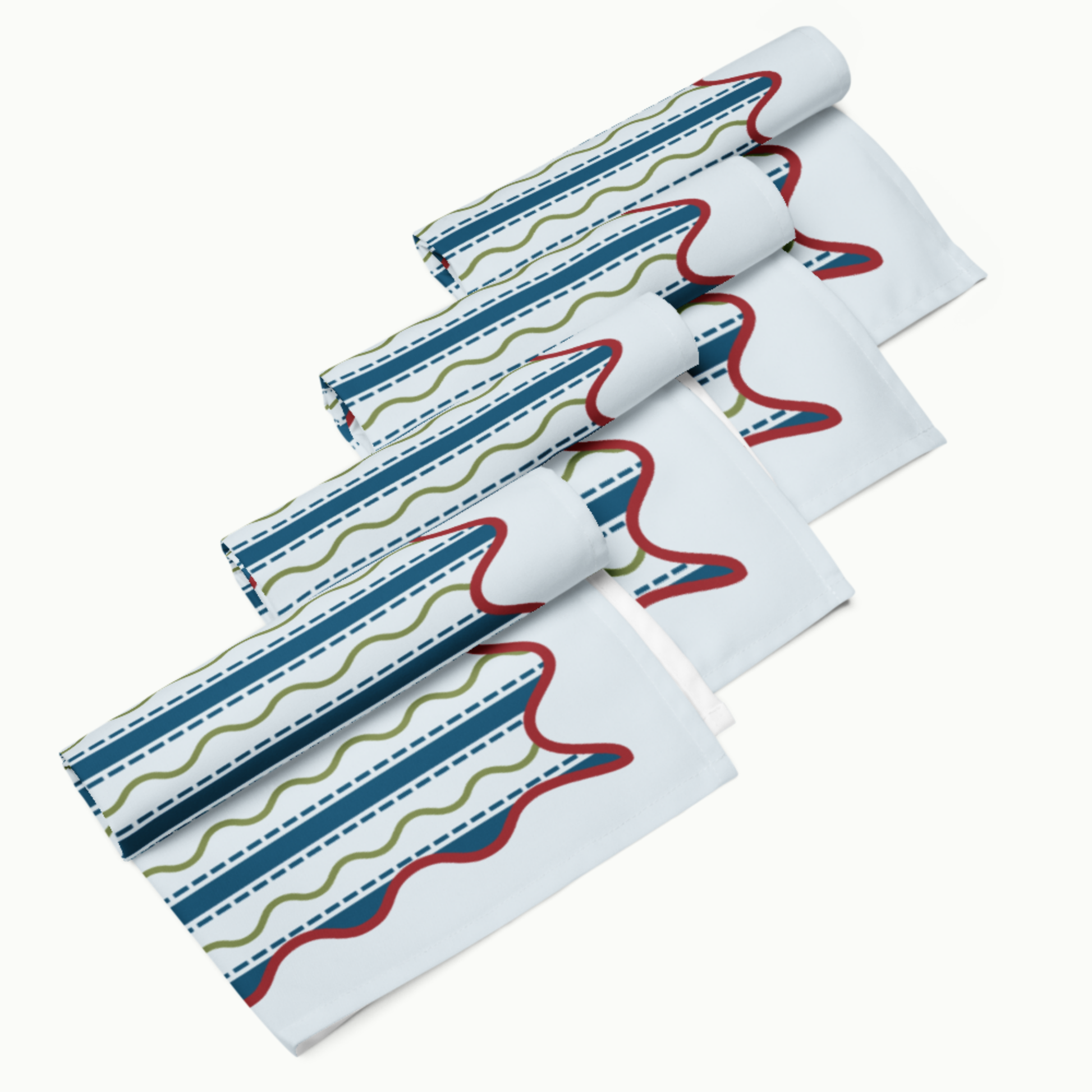 Blue and Green Wavy Stripe Polyester Napkins, Set of 4