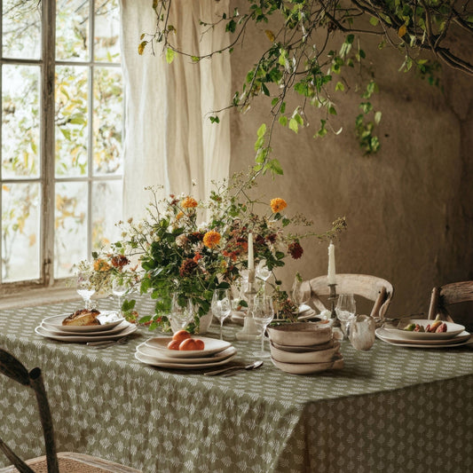 Sage green block print cotton linen tablecloth