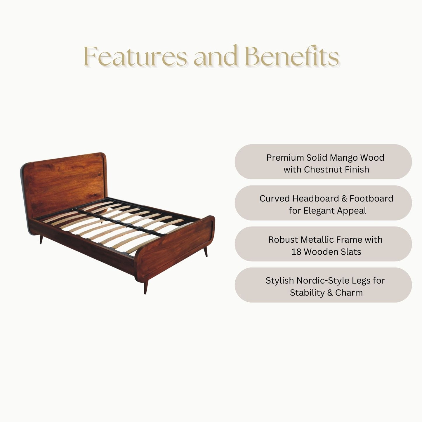 Curved Chestnut Double Bed, crafted from solid mango wood with a rich chestnut finish. Features a curved headboard, sturdy metallic frame & Nordic-style legs.