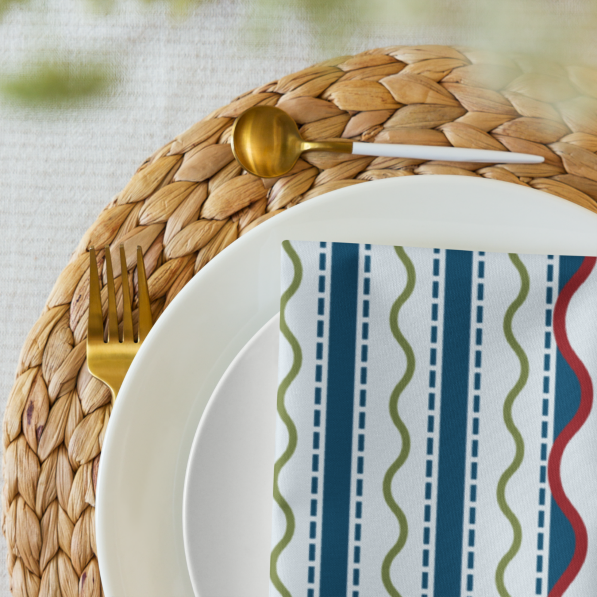 Blue and Green Wavy Stripe Polyester Napkins, Set of 4