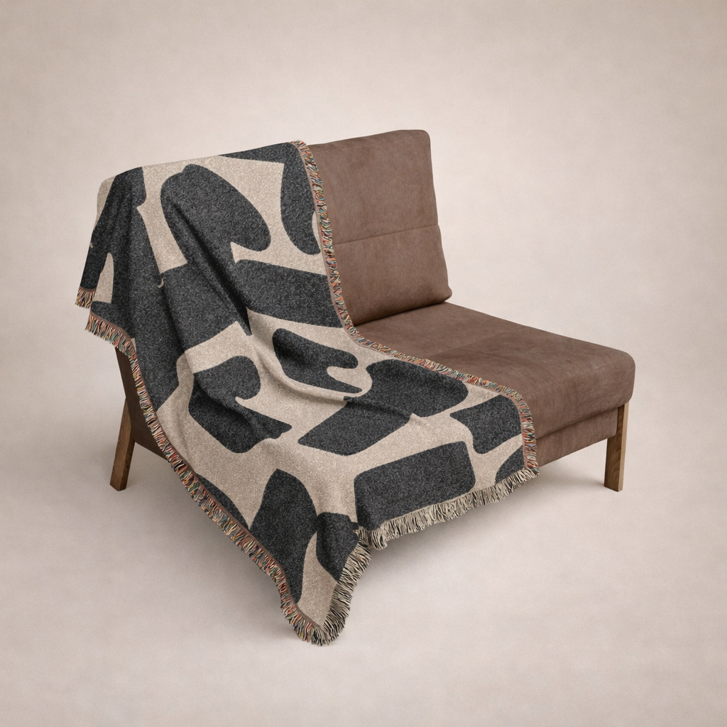 Abstract Black & Beige Woven Throw Blanket — Modern Geometric Home Throw