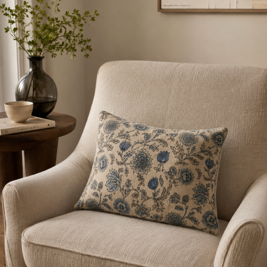 Floral-patterned pillow on a beige armchair with a side table and plant in the background.