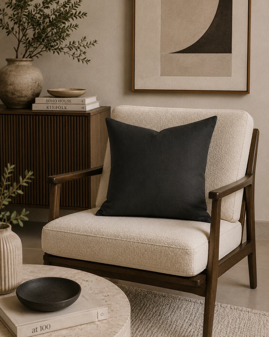Beige armchair with a black pillow in a living room setting