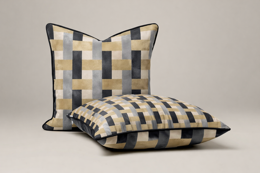 Black, Grey & Beige Geometric Velvet Cushion Cover | Modern Neutral