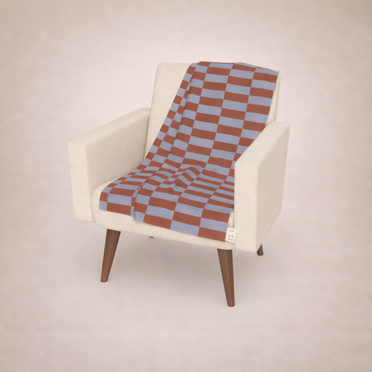 Mid-Century Blue & Orange Checkerboard Polar Fleece & Sherpa Throw Blanket