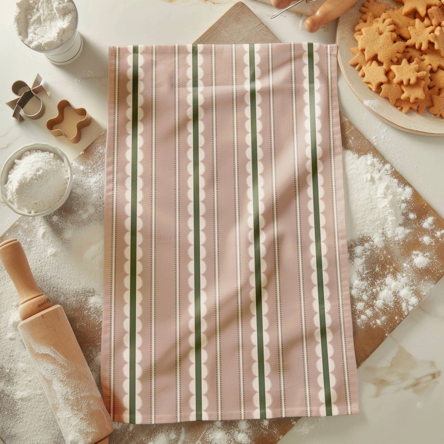 Neutral Scallop Stripe Cotton Linen Tea Towel
