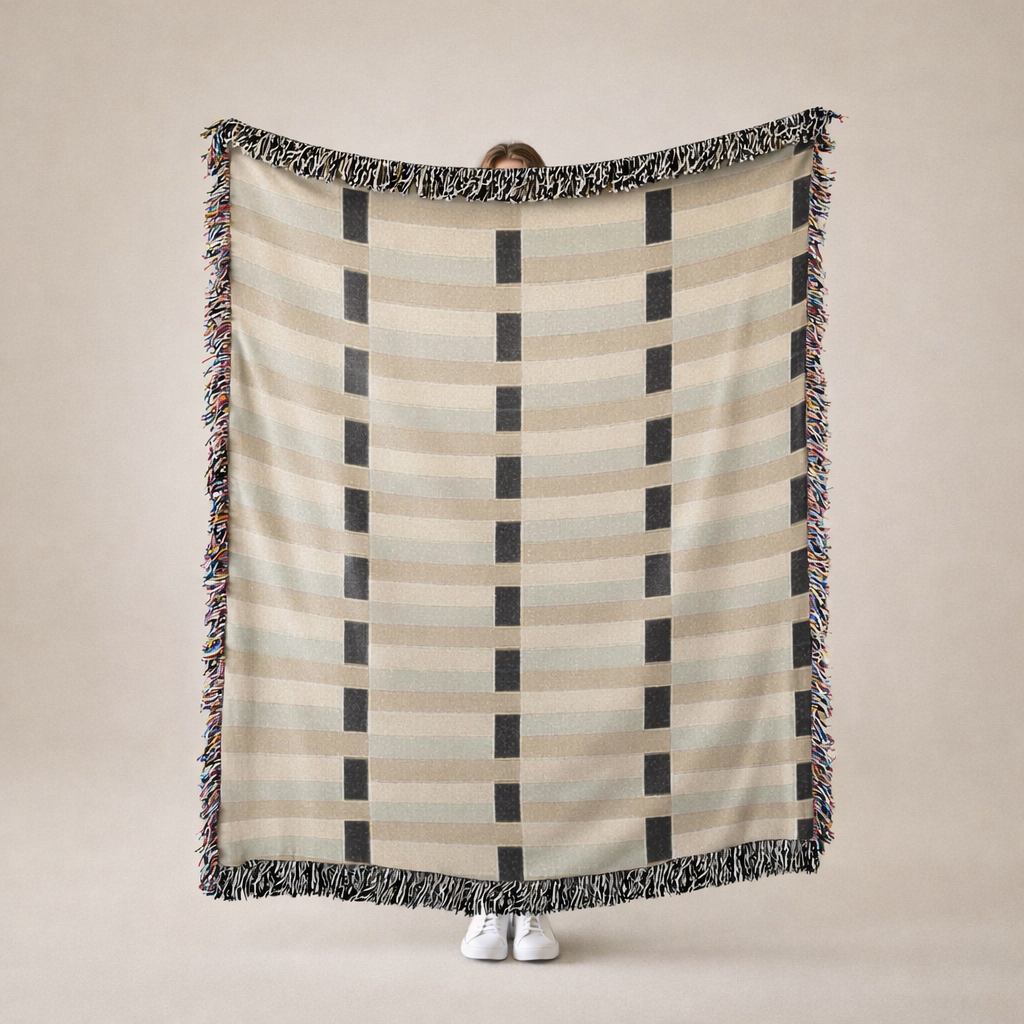 Modern Beige & Black Geometric Woven Blanket — Contemporary Throw for Living Room