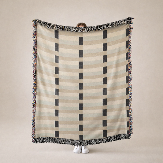 Modern Beige & Black Geometric Woven Blanket — Contemporary Throw for Living Room