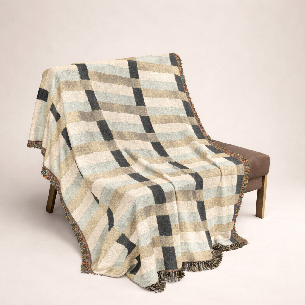 Modern Beige & Black Geometric Woven Blanket — Contemporary Throw for Living Room