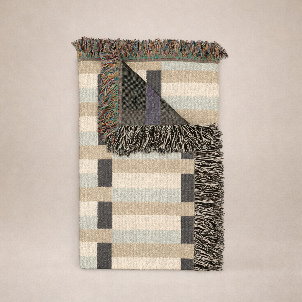 Modern Beige & Black Geometric Woven Blanket — Contemporary Throw for Living Room