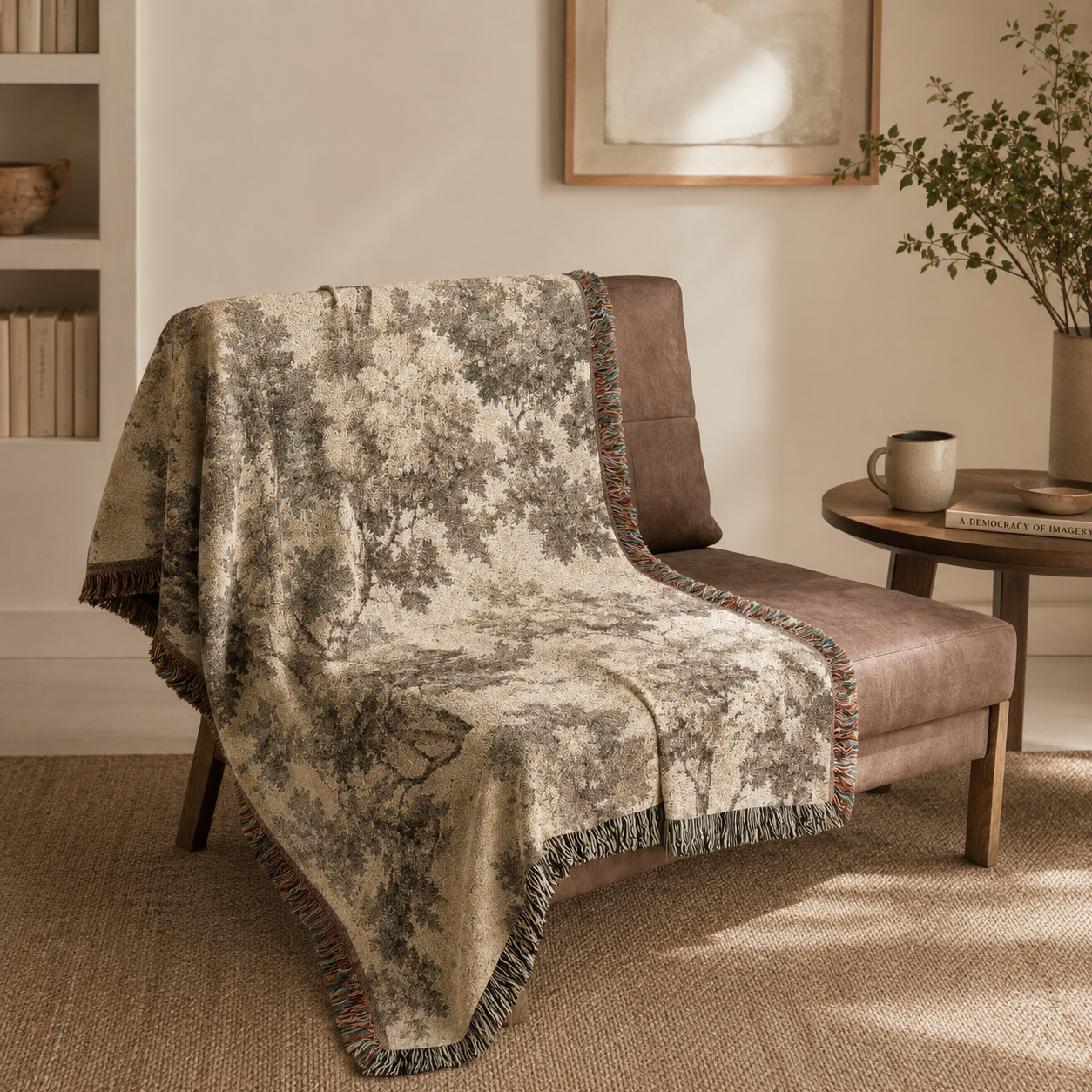 Tree-patterned throw blanket draped over a chair in a cozy living room.