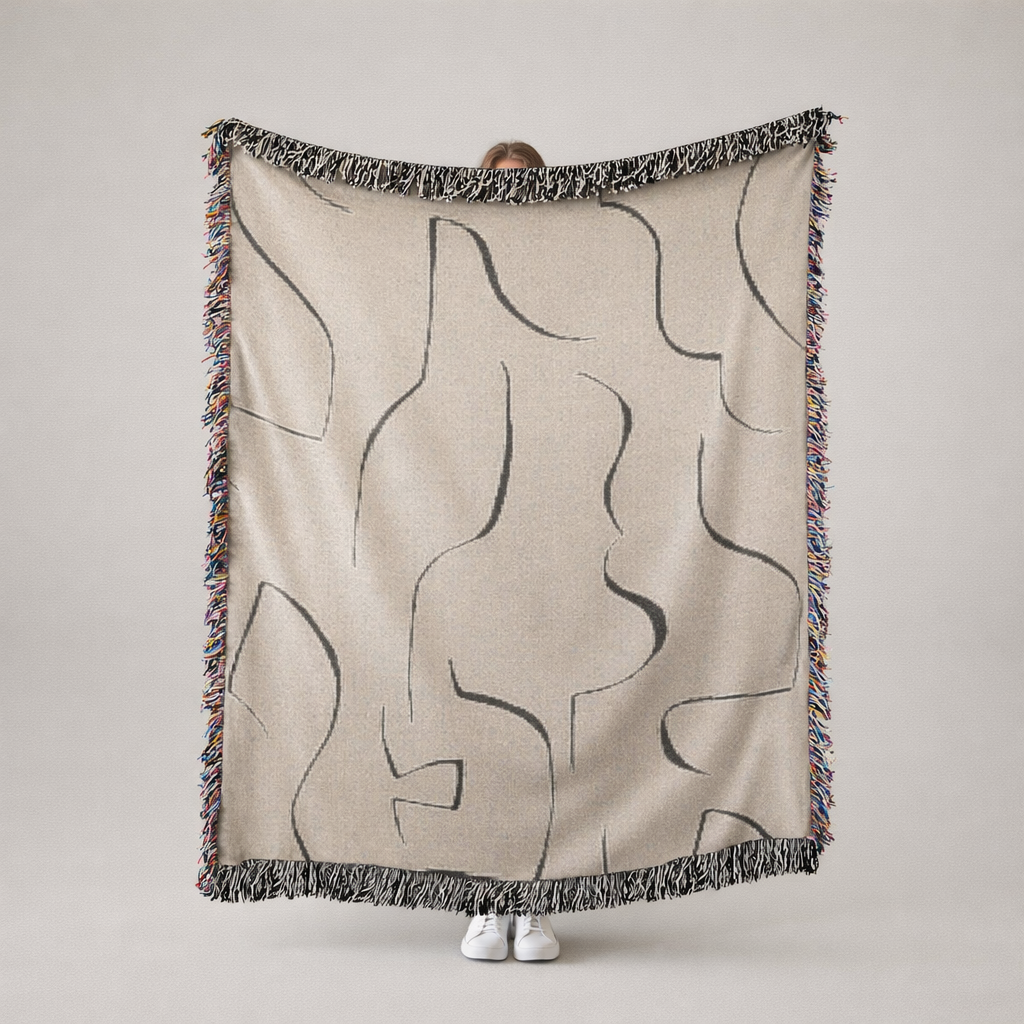 Abstract Black & Beige Woven Blanket — Minimal Line Design