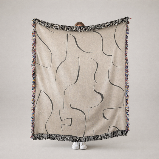 Abstract Black & Beige Woven Blanket — Minimal Line Design