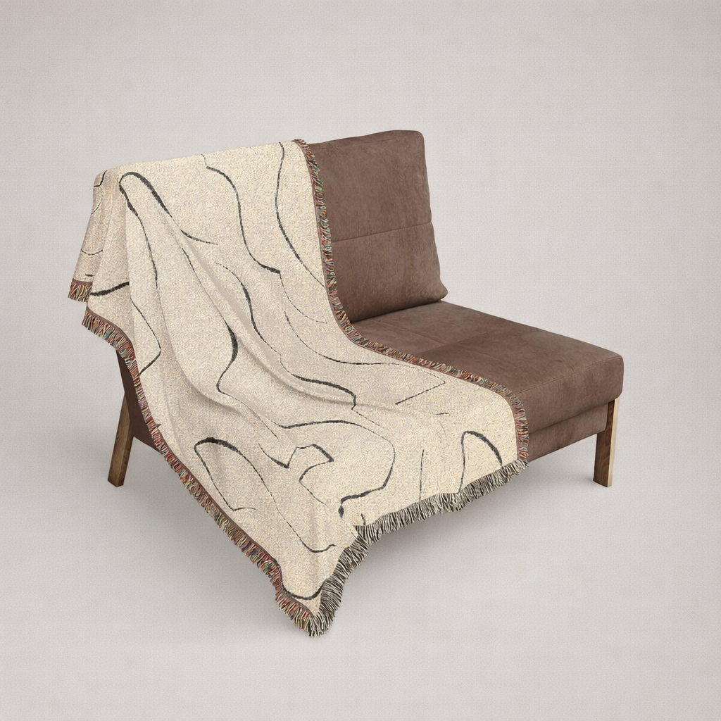 Abstract Black & Beige Woven Blanket — Minimal Line Design