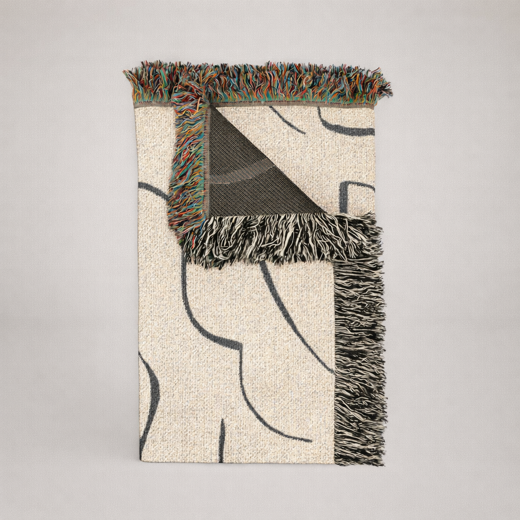 Abstract Black & Beige Woven Blanket — Minimal Line Design