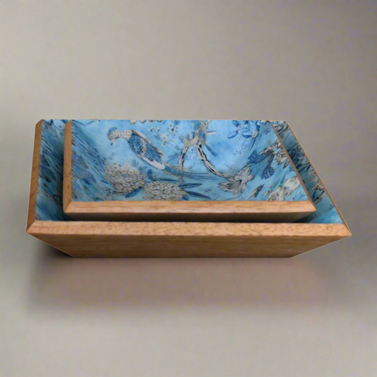 Lacquered Blue Bird Platter Set