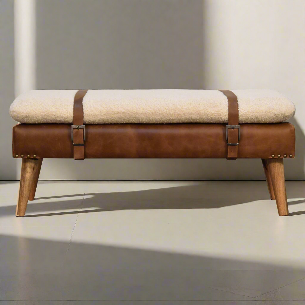 Bouclé Buffalo Hide Leather Bench