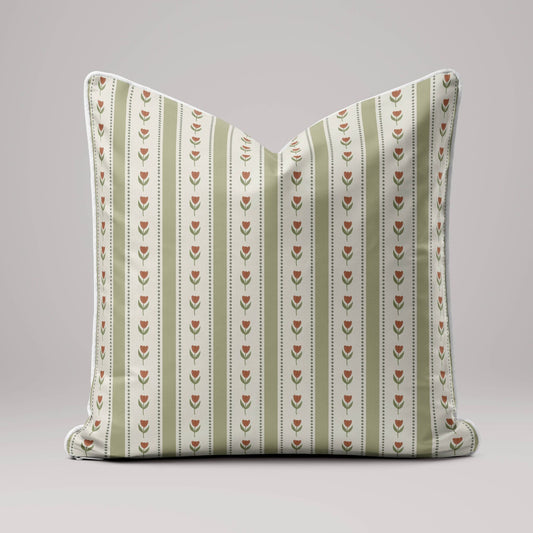 Green Tulip Stripe Linen Cushion Cover