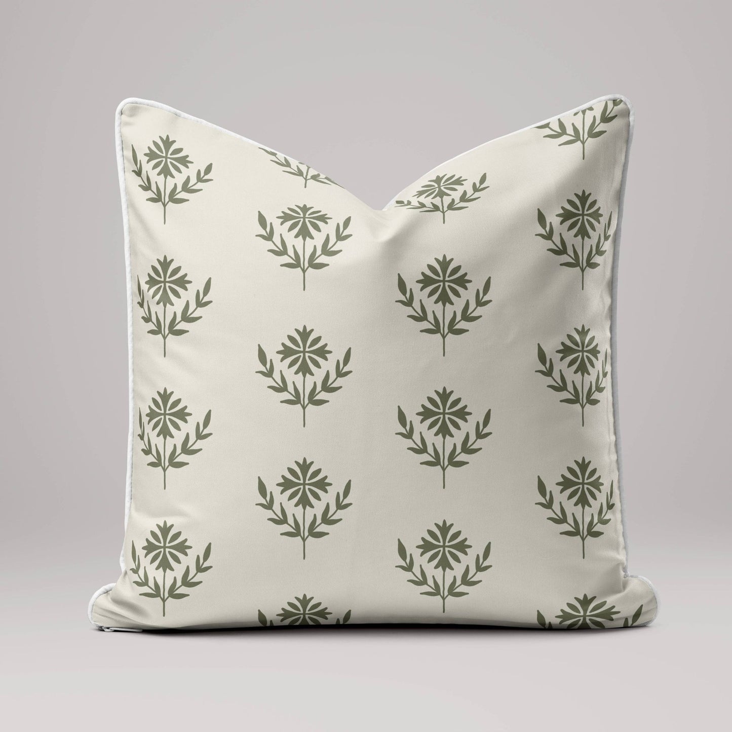 Sage Green Floral Block Print Linen Cushion Cover