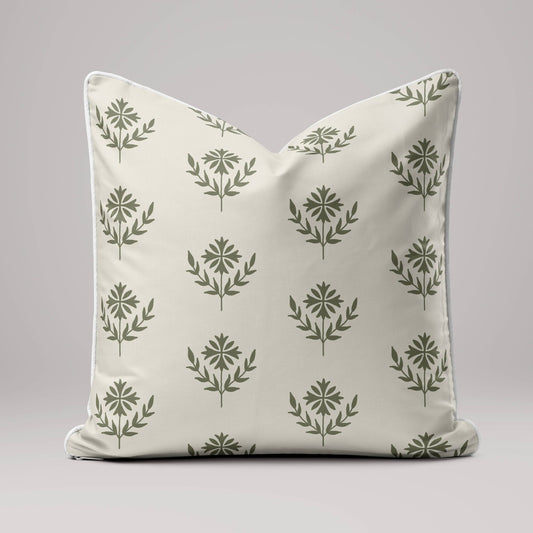 Sage Green Floral Block Print Linen Cushion Cover