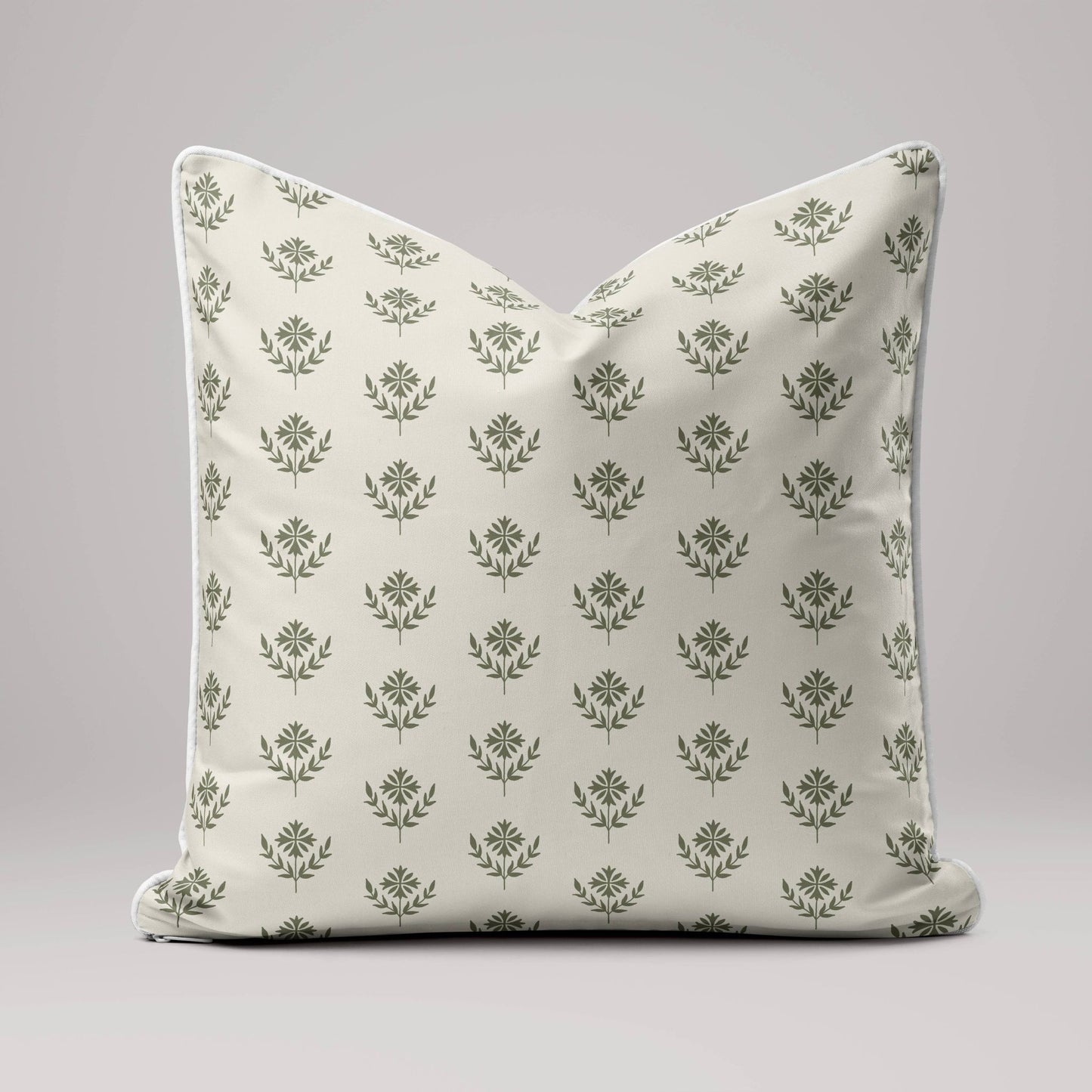 Sage Green Floral Block Print Linen Cushion Cover