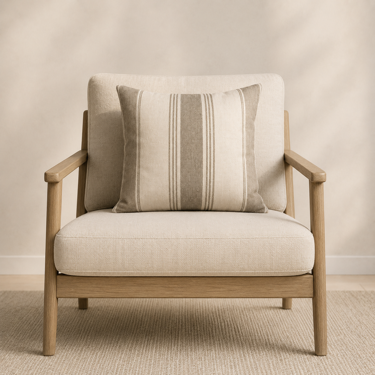 Beige armchair with a striped pillow on a neutral background