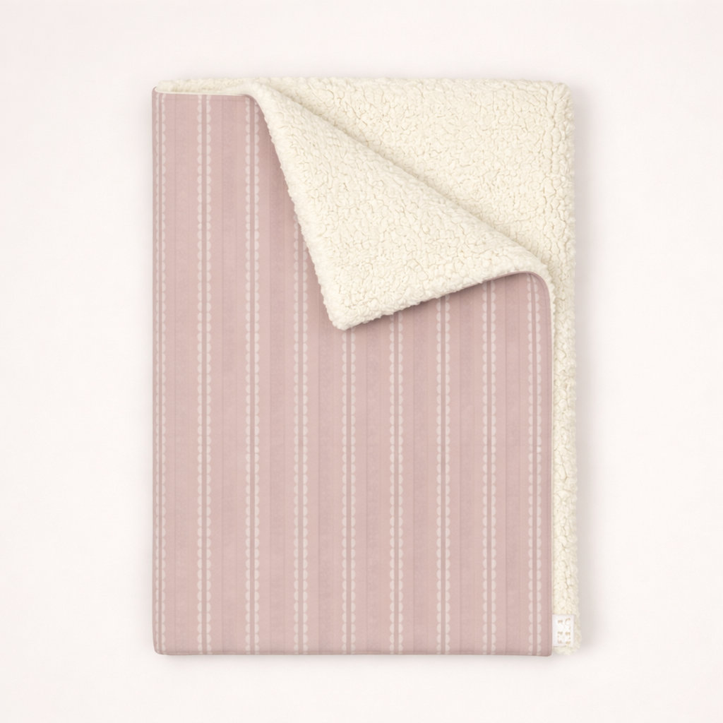 Pink, Green & Cream Scalloped Stripe Sherpa Fleece Blanket