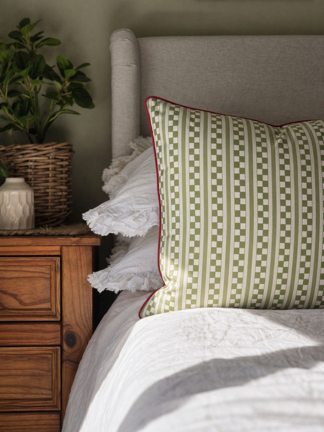 Green Stripe Cushion with Cerise Piping – Cotton Twill | Handmade