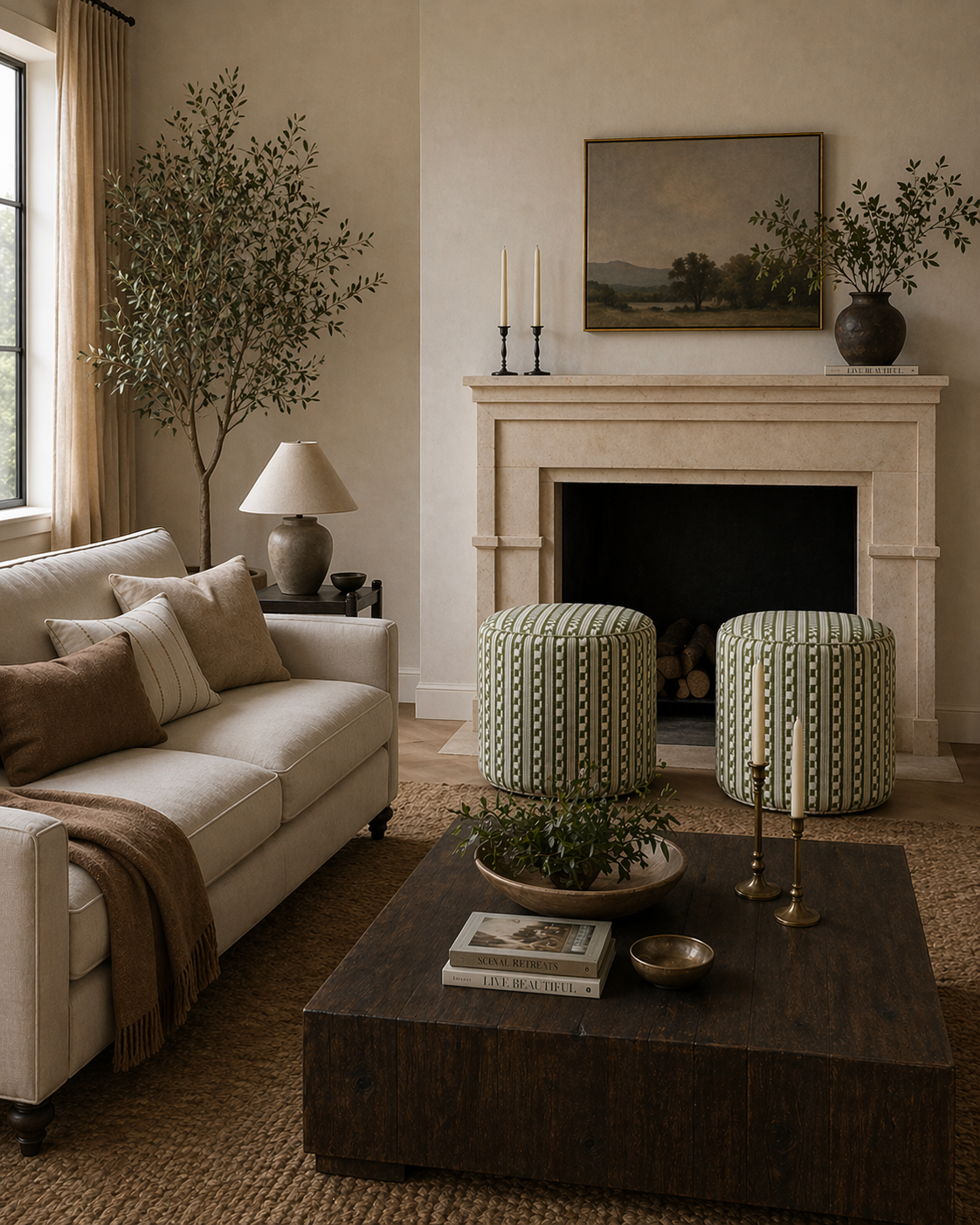 Sage Stripe Velour Round Footstool – Handmade Upholstered Ottoman (UK)