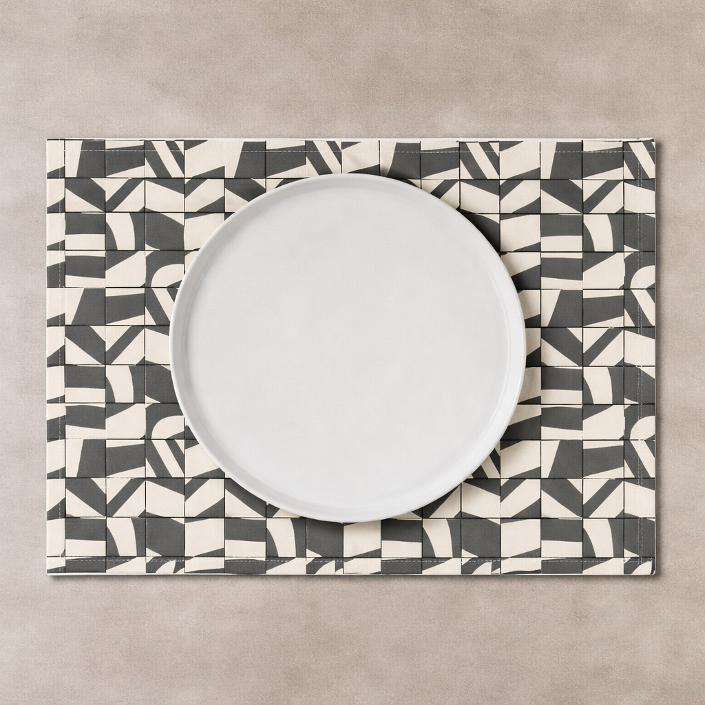 Japandi Abstract Tile Linen Placemat 46.5 x 32cm – Neutral Geometric