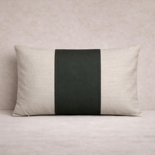 Modern Cotton Linen Cushion with Dark Grey Panel – Contemporary Rectangular Cushion 50 x 35cm – Cover or Feather Pad