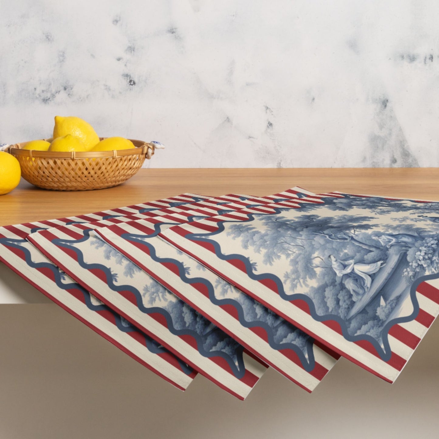 Blue Toile and Red Stripe Placemat Set, set of 4