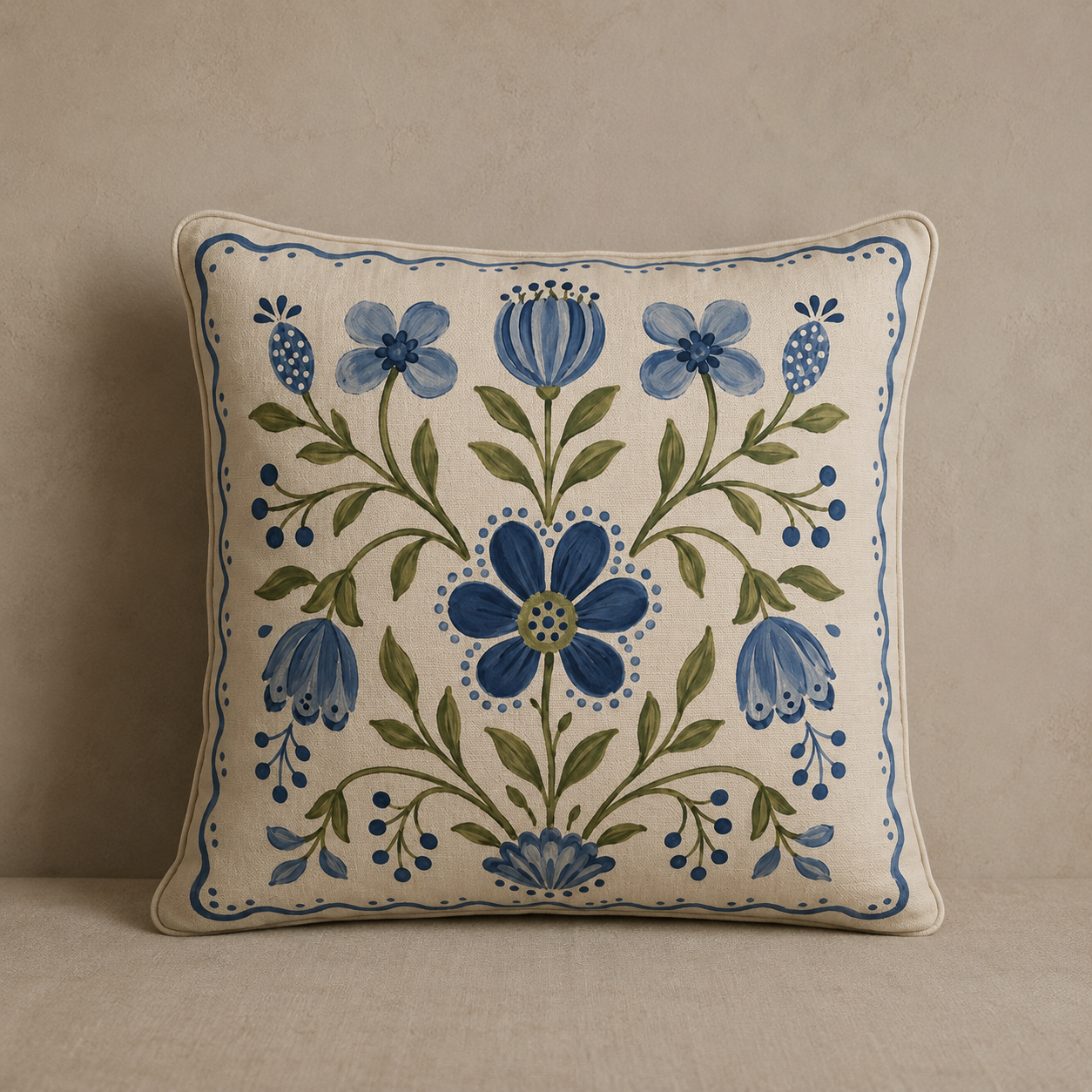 Blue Folk Garden Cushion Cover
