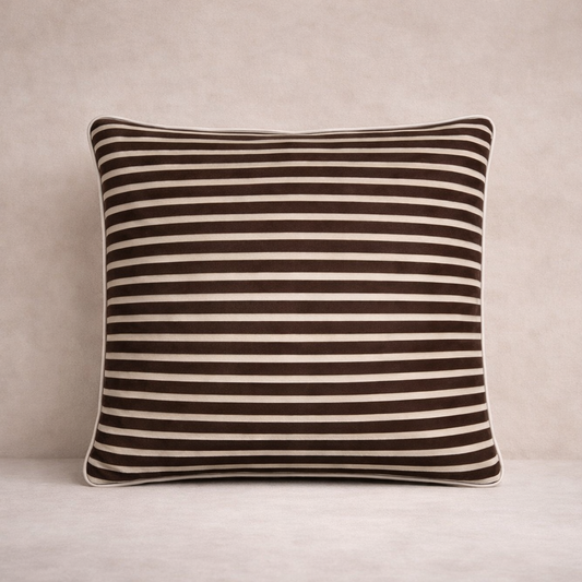 Japandi Stripe Velvet Cushion 40 cm – Brown & Cream Scandinavian Throw