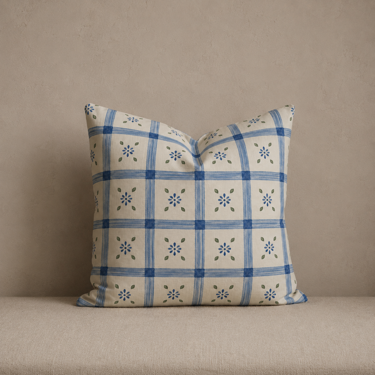 Blue Folk Check Linen Cushion Cover