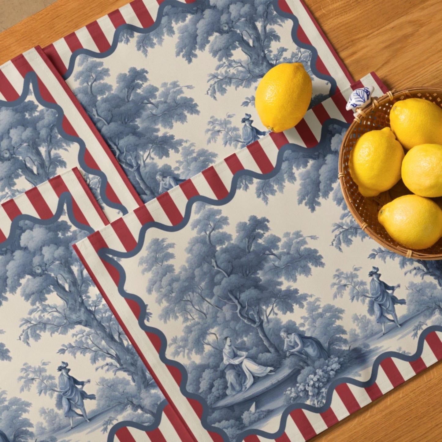 Blue Toile and Red Stripe Placemat Set, set of 4